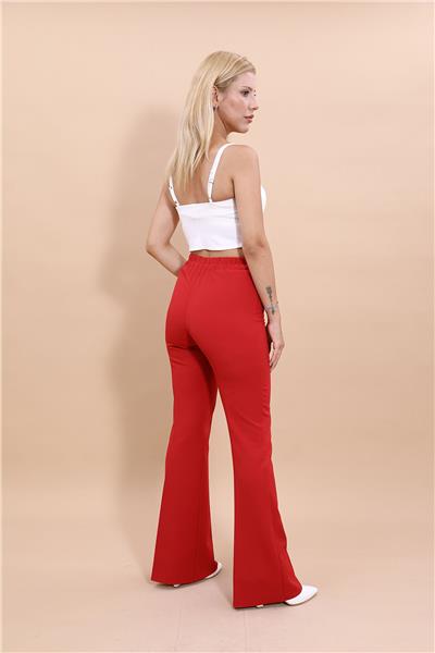 Beli Lastikli Rahat İspanyol Paça Kadın Pantolon-Kırmızı