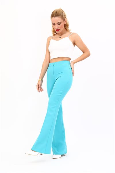 Beli Lastikli Rahat İspanyol Paça Kadın Pantolon-Turkuaz
