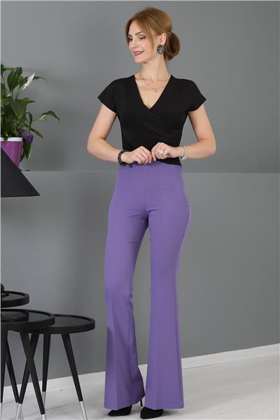 Beli Lastikli Rahat İspanyol Paça Kadın Pantolon-Lila
