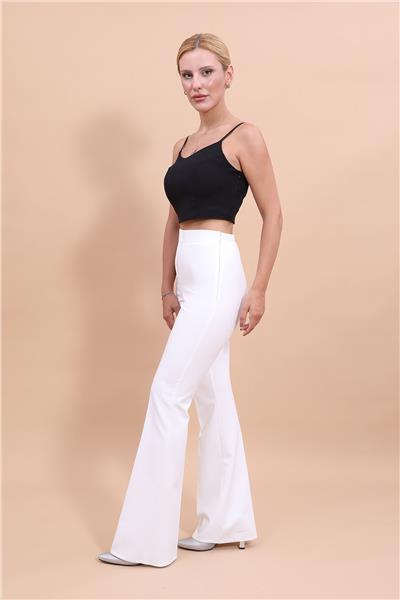 Beli Lastikli Rahat İspanyol Paça Kadın Pantolon-Beyaz