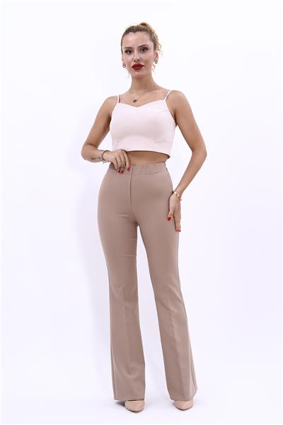 Beli Lastikli Rahat İspanyol Paça Kadın Pantolon-Taş