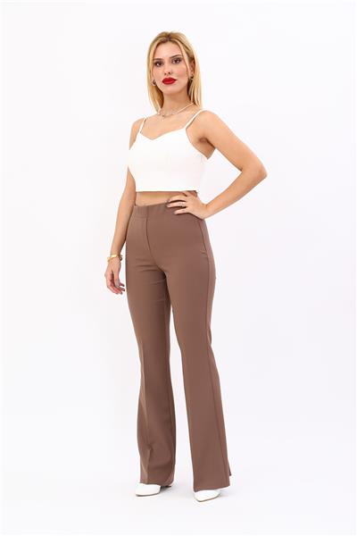 Beli Lastikli Rahat İspanyol Paça Kadın Pantolon-Kahve