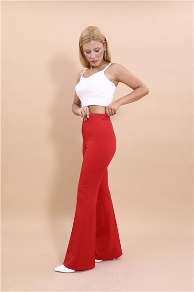 Beli Lastikli Rahat İspanyol Paça Kadın Pantolon-Kırmızı