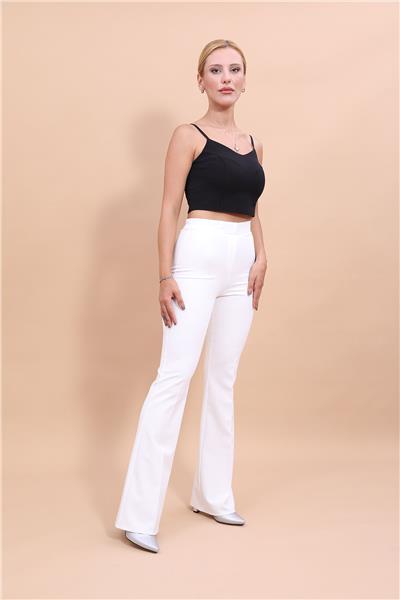 Beli Lastikli Rahat İspanyol Paça Kadın Pantolon-Beyaz
