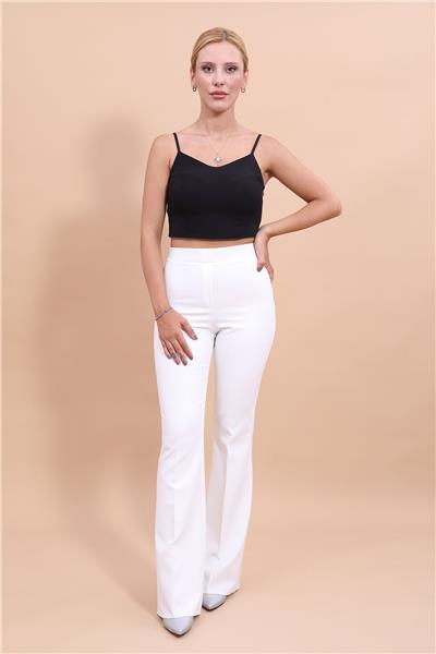 Beli Lastikli Rahat İspanyol Paça Kadın Pantolon-Beyaz