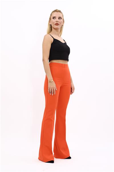 Beli Lastikli Rahat İspanyol Paça Kadın Pantolon-Turuncu