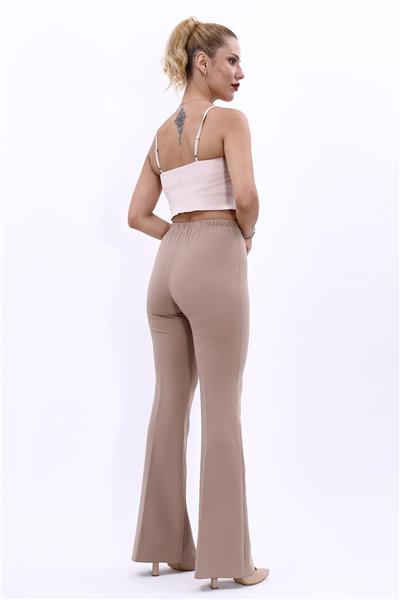 Beli Lastikli Rahat İspanyol Paça Kadın Pantolon-Taş