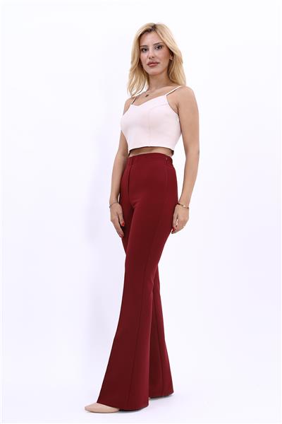 Beli Lastikli Rahat İspanyol Paça Kadın Pantolon-Bordo