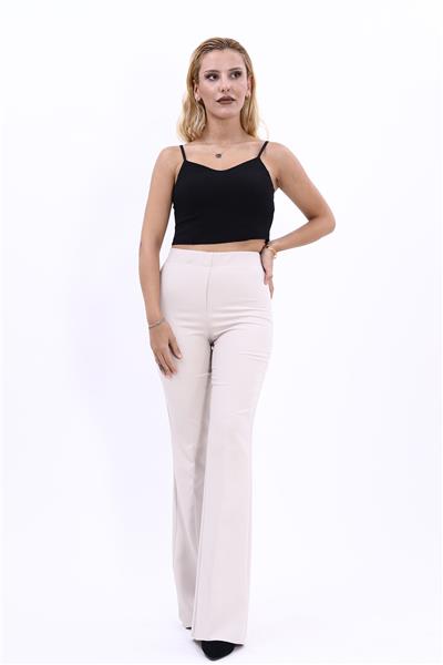 Beli Lastikli Rahat İspanyol Paça Kadın Pantolon-Bej
