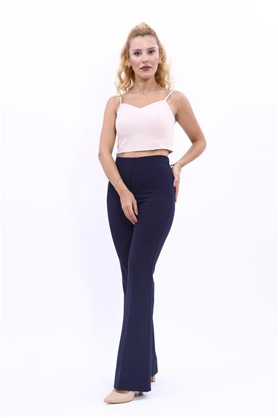 Beli Lastikli Rahat İspanyol Paça Kadın Pantolon-Lacivert