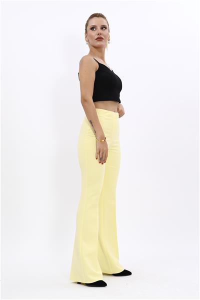 Beli Lastikli Rahat İspanyol Paça Kadın Pantolon-Sarı
