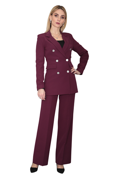 Erkek Yaka Kuruvaze Blazer Ceket & Bol Paça Pantolon-Mürdüm
