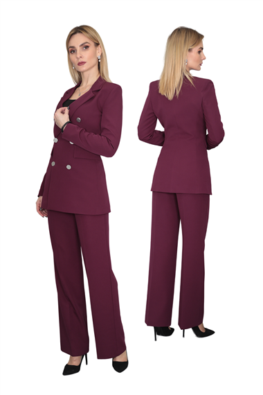 Erkek Yaka Kuruvaze Blazer Ceket & Bol Paça Pantolon-Mürdüm