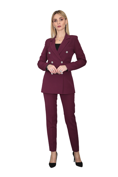 Erkek Yaka Kuruvaze Blazer Ceket & Dar Paça Pantolon-Mürdüm