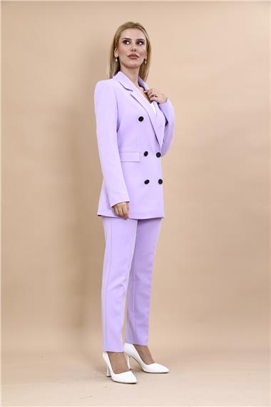 Erkek Yaka Kuruvaze Blazer Ceket & Dar Paça Pantolon-Menekşe