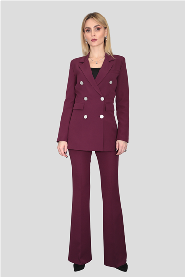 Erkek Yaka Kuruvaze Blazer Ceket & İspanyol Paça Pantolon-Mürdüm
