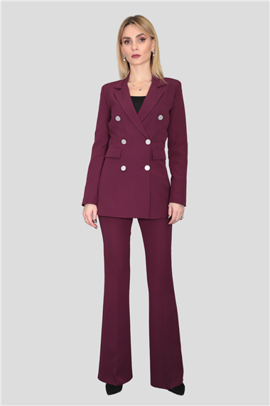 Erkek Yaka Kuruvaze Blazer Ceket & İspanyol Paça Pantolon-Mürdüm
