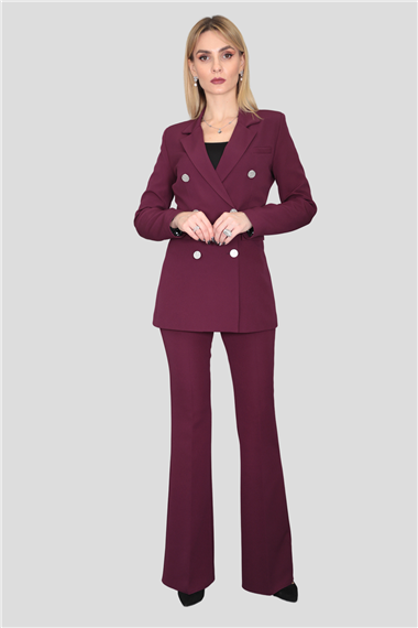 Erkek Yaka Kuruvaze Blazer Ceket & İspanyol Paça Pantolon-Mürdüm