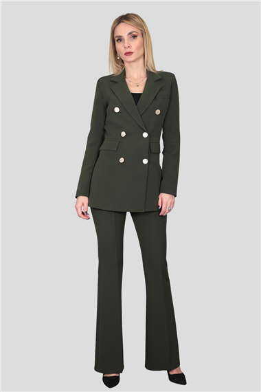 Erkek Yaka Kuruvaze Blazer Ceket & İspanyol Paça Pantolon-Haki