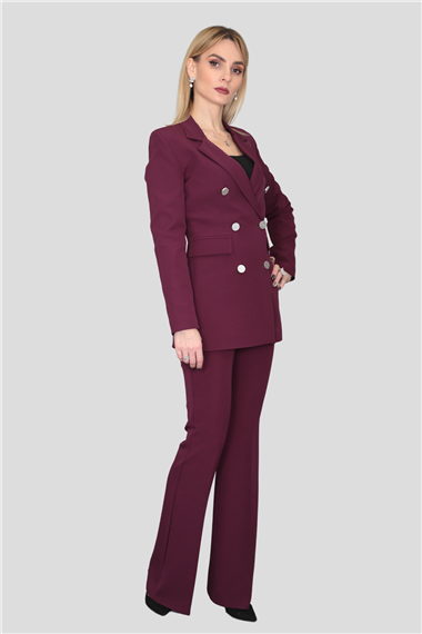 Erkek Yaka Kuruvaze Blazer Ceket & İspanyol Paça Pantolon-Mürdüm