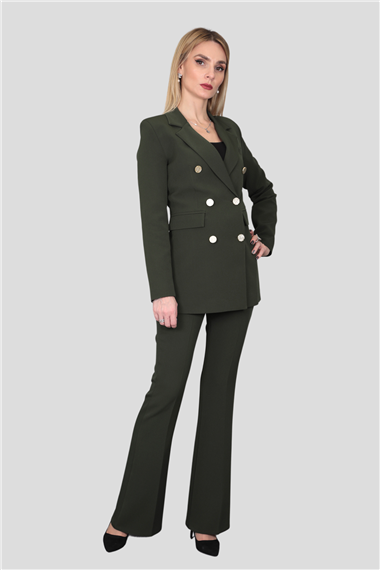 Erkek Yaka Kuruvaze Blazer Ceket & İspanyol Paça Pantolon-Haki