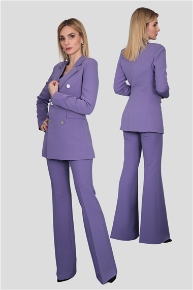 Erkek Yaka Kuruvaze Blazer Ceket & İspanyol Paça Pantolon-Lila