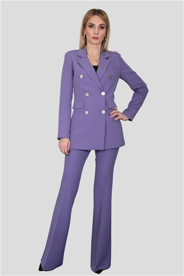 Erkek Yaka Kuruvaze Blazer Ceket & İspanyol Paça Pantolon-Lila