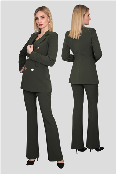 Erkek Yaka Kuruvaze Blazer Ceket & İspanyol Paça Pantolon-Haki