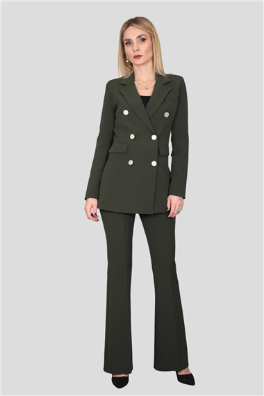 Erkek Yaka Kuruvaze Blazer Ceket & İspanyol Paça Pantolon-Haki