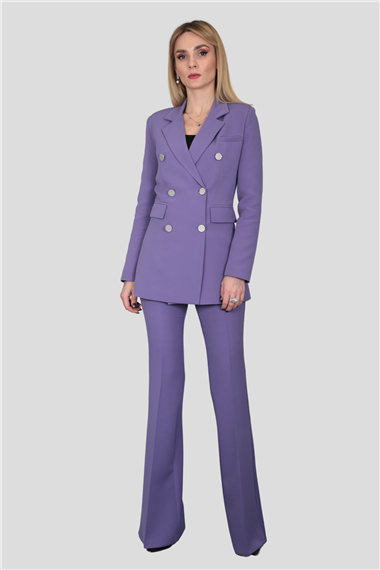 Erkek Yaka Kuruvaze Blazer Ceket & İspanyol Paça Pantolon-Lila
