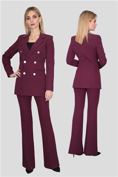 Erkek Yaka Kuruvaze Blazer Ceket & İspanyol Paça Pantolon-Mürdüm