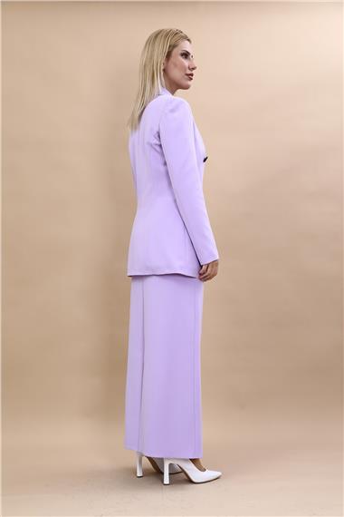 Erkek Yaka Kuruvaze Blazer Ceket & Uzun Düz Dar Etek-Menekşe
