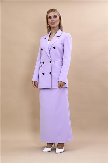 Erkek Yaka Kuruvaze Blazer Ceket & Uzun Düz Dar Etek-Menekşe