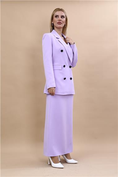 Erkek Yaka Kuruvaze Blazer Ceket & Uzun Düz Dar Etek-Menekşe