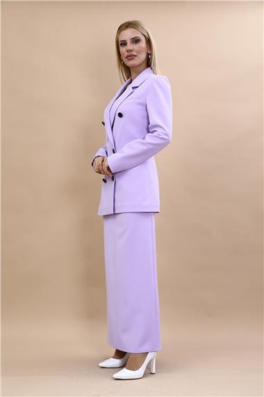 Erkek Yaka Kuruvaze Blazer Ceket & Uzun Düz Dar Etek-Menekşe