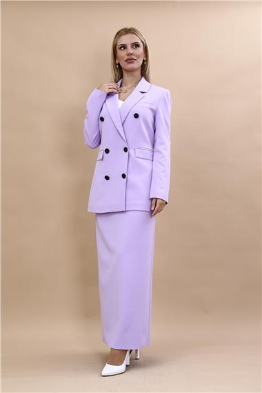 Erkek Yaka Kuruvaze Blazer Ceket & Uzun Düz Dar Etek-Menekşe