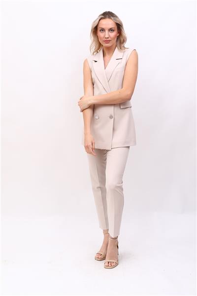 Blazer  Yelek & Boru Paça Pantolon-Bej