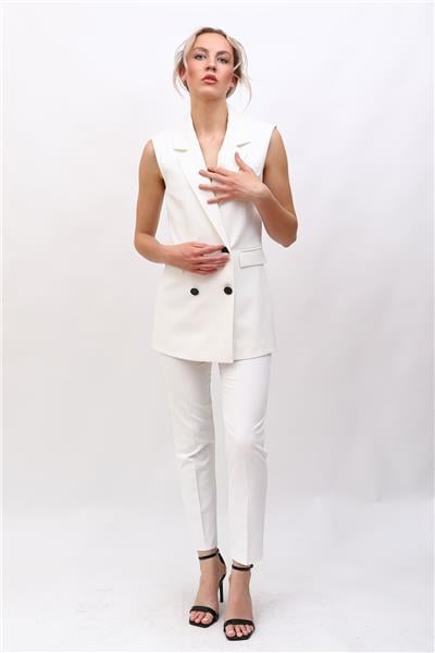 Blazer  Yelek & Boru Paça Pantolon-Beyaz