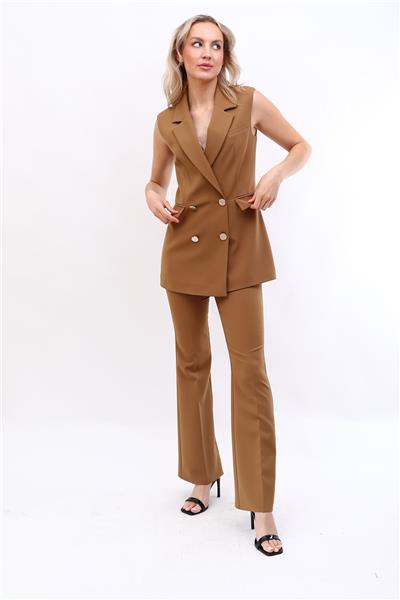 Blazer  Yelek & İspanyol Paça Pantolon-Camel