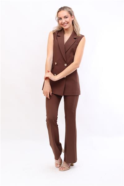 Blazer  Yelek & İspanyol Paça Pantolon-Kestane