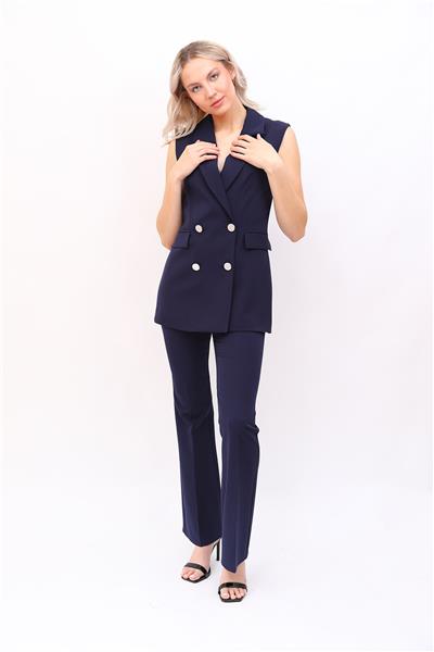 Blazer  Yelek & İspanyol Paça Pantolon-Lacivert