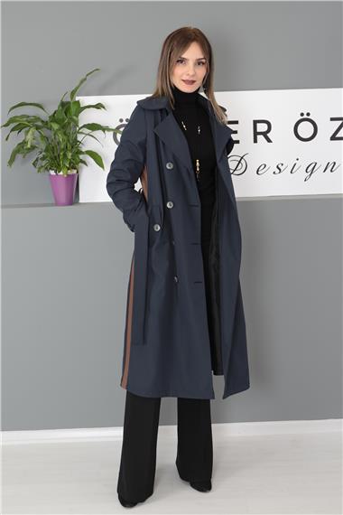 Bondit Deri Detaylı Trenç Kap - Lacivert