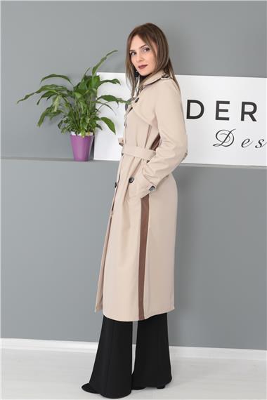 Bondit Deri Detaylı Trenç Kap - Vizon