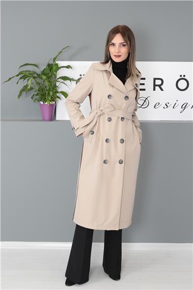 Bondit Deri Detaylı Trenç Kap - Vizon