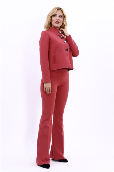 Boydan Düğmeli Mini Ceket & İspanyol  Paça Pantolon Takım-Kiremit