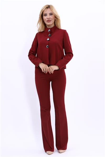 Boydan Düğmeli Mini Ceket & İspanyol  Paça Pantolon Takım-Bordo