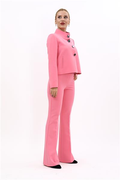 Boydan Düğmeli Mini Ceket & İspanyol  Paça Pantolon Takım-Pembe