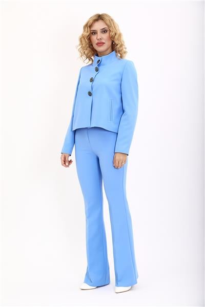 Boydan Düğmeli Mini Ceket & İspanyol  Paça Pantolon Takım-Gökyüzü