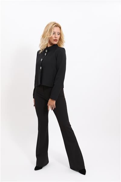 Boydan Düğmeli Mini Ceket & İspanyol  Paça Pantolon Takım-Siyah
