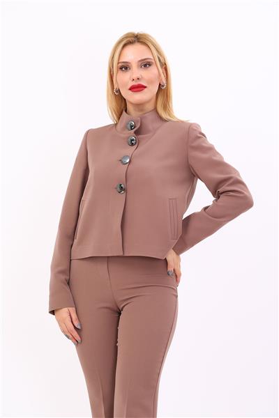 Boydan Düğmeli Mini Ceket-Kahve